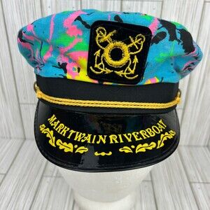 Vintage 1980s Captain Hat Neon Splatter Pattern Mark Twin Riverboat Snapback Cap